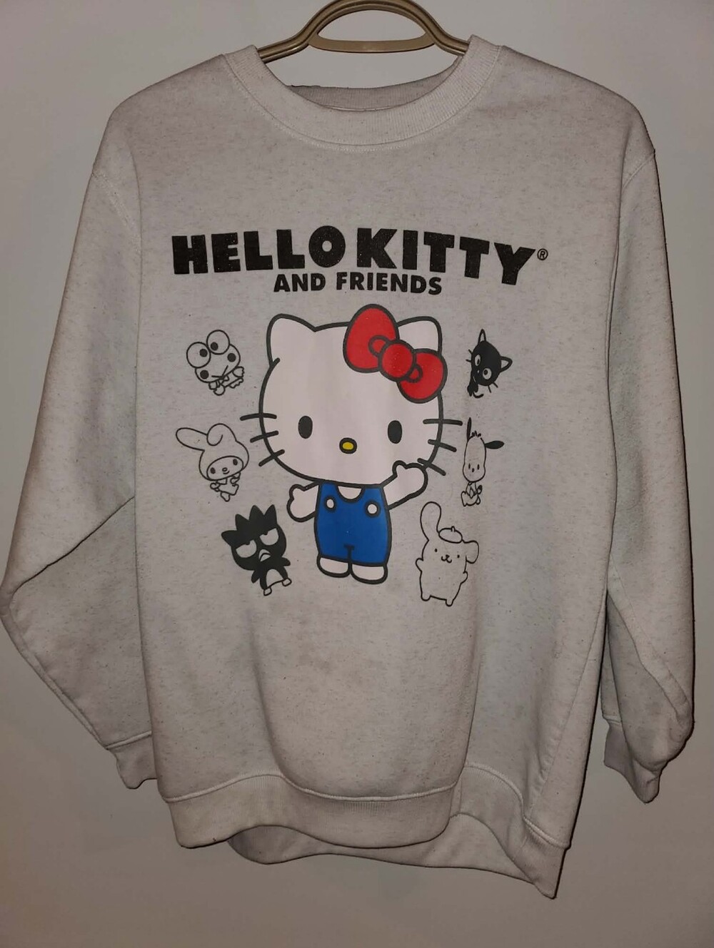 Hello Kitty Crewneck Sweatshirt with Red Bow and Blue Overalls